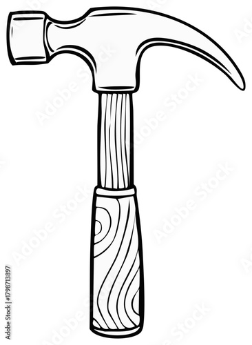 Hand drawn black and white illustration of a classic claw hammer construction tool
