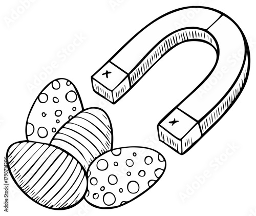 Horseshoe magnet attracting decorated eggs in a doodle style