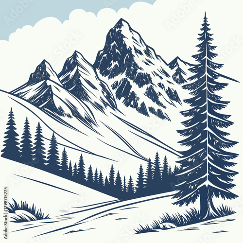 Majestic mountain landscape illustration with snowcapped peaks, evergreen trees, and a serene sky, creating a peaceful and scenic outdoor vista isolated on