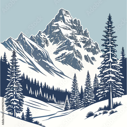 Picturesque mountain scenery illustration with snowdusted peaks, towering evergreen trees, and a tranquil valley, capturing the essence of a pristine wilderness isolated on