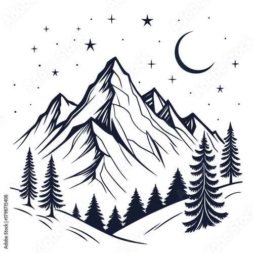 Majestic mountain range under a starry night sky with a crescent moon, surrounded by towering pine trees isolated on a serene landscape