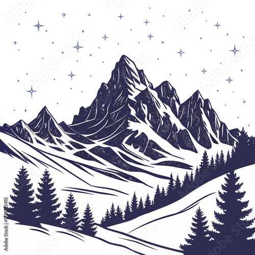 Serene mountain landscape under a starry sky, with snowcovered peaks and towering pine trees isolated on a tranquil scene of natures beauty