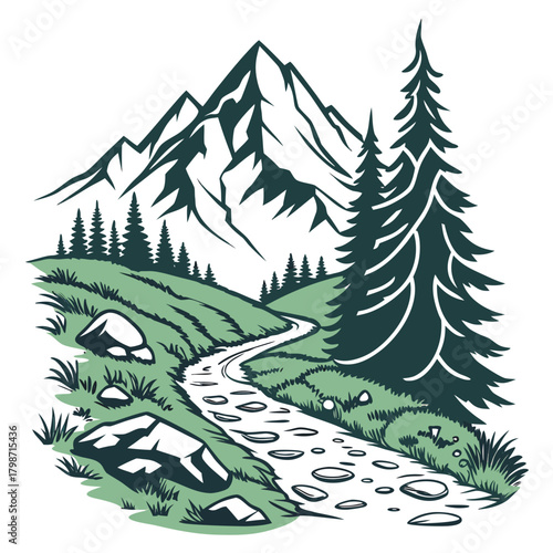 Scenic mountain landscape with winding stream, lush greenery, and towering trees, creating a tranquil and picturesque view isolated on