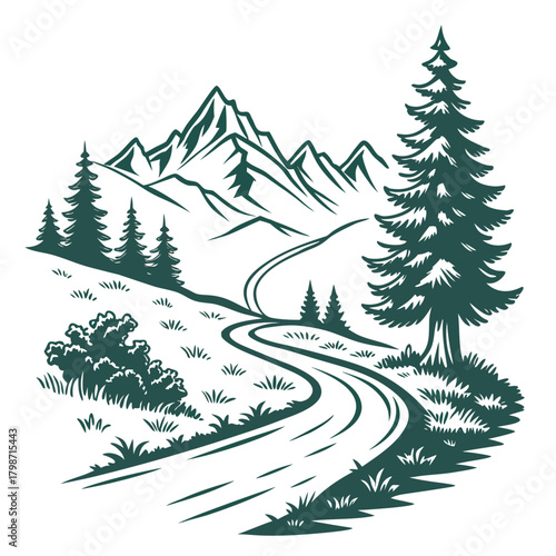 Winding road leading to majestic mountains, surrounded by lush trees and vegetation, creating a serene and picturesque landscape isolated on