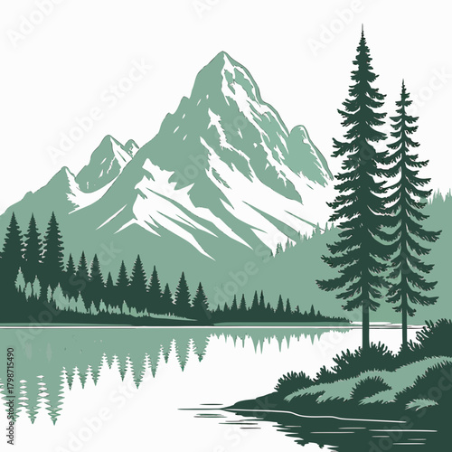 Scenic mountain landscape with a serene lake reflecting the majestic peaks and lush pine trees, creating a tranquil and picturesque natural vista isolated on