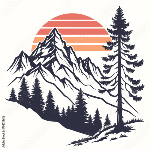 Serene mountain landscape featuring a towering pine tree against a vibrant sunset isolated on a picturesque scene of natures grandeur