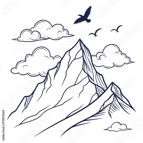 Majestic mountain peak soars amidst fluffy clouds, as birds take flight in the clear sky, creating a serene and picturesque scene isolated on