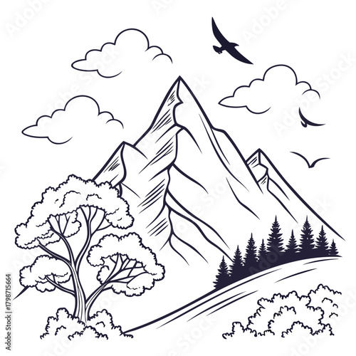 Majestic mountain peak rises amidst fluffy clouds, with birds soaring in the sky, trees, and lush greenery creating a serene and picturesque scene isolated on