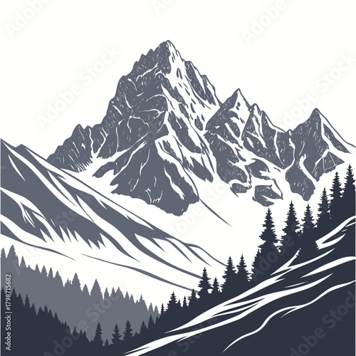 Majestic mountain range illustration with snowcapped peaks and evergreen forests, creating a serene and picturesque landscape isolated on