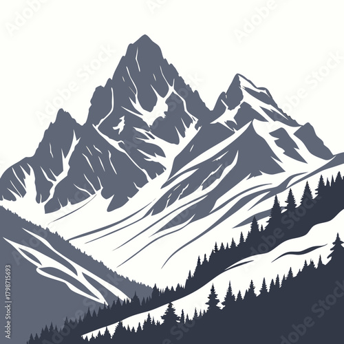 Majestic mountain range illustration with snowcapped peaks and evergreen forests, creating a serene and picturesque landscape isolated on