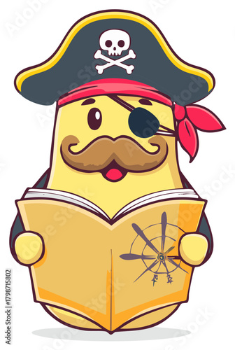 Cheerful cartoon pirate character with eye patch and mustache reading an adventure book featuring a ship's wheel illustration
