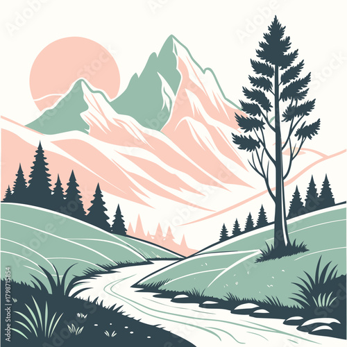 A picturesque landscape illustration features a winding river, towering mountains, and a radiant sun, capturing the essence of natural beauty and serene tranquility