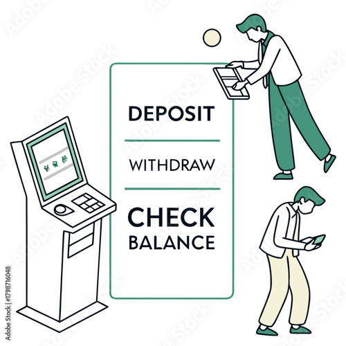 People are using atms to deposit, withdraw, and check their balance, showcasing the convenience of modern banking and financial services, isolated on