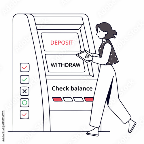 A woman interacting with an atm for deposit, withdraw, and balance check, illustrating modern finance and banking services isolated on