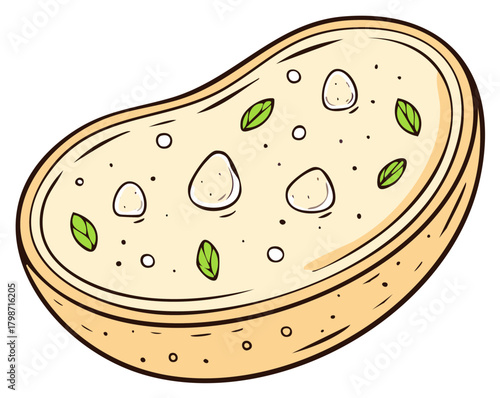 Hand drawn bread slice with creamy spread fresh mozzarella cheese and green basil leaves illustration
