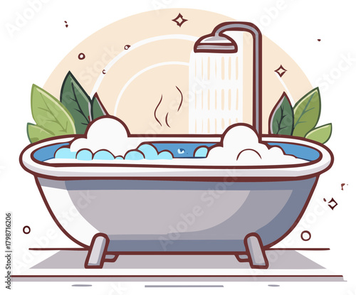 Soothing bubble bath in a clawfoot tub with steam and shower illustration