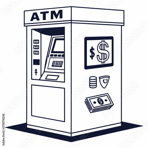 A line art illustration of an atm machine with money symbols, isolated on the design is clean and simple, perfect for financial or banking concepts