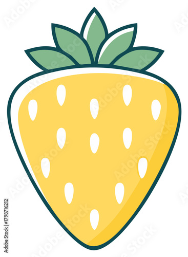 Vibrant yellow strawberry cartoon with fresh green foliage flat design icon