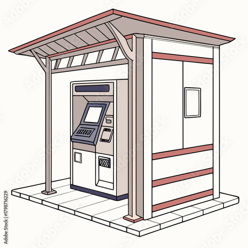 Automated teller machine in a booth isolated on an outdoor kiosk with a cash machine for withdrawing money and other banking transactions