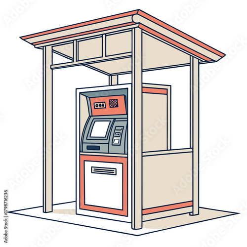 Outdoor automated teller machine in a booth isolated on a street kiosk with a cash machine for withdrawing money and banking service