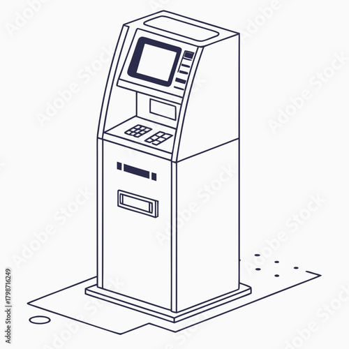Isometric atm machine illustration isolated on automated teller machine with keypad, screen, and card slots financial service point for cash withdrawal