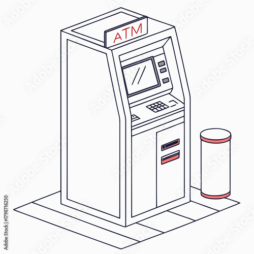 Isometric atm machine illustration isolated on automated teller machine with keypad, screen, and card slots financial service point for cash withdrawal