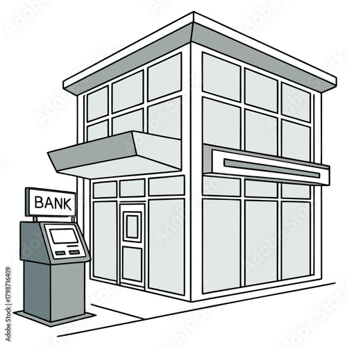 Illustration of a bank building with an atm, showcasing modern financial architecture and services isolated on, emphasizing accessibility and convenience