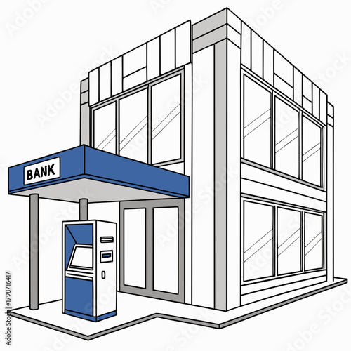 Illustration of a bank building with an atm, featuring a modern design with blue accents, isolated on the image represents financial services and banking transactions