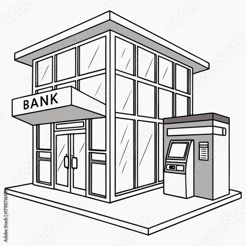 Illustration of a bank building with an atm, depicted in a simple line drawing style, isolated on the clean lines and minimalist design convey a sense of modern finance