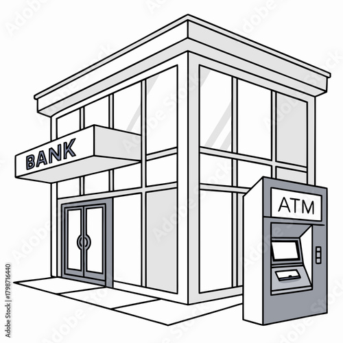 Illustration of a bank building with an atm machine isolated on the bank has a modern design with large windows and a sign that says bank