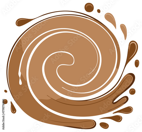 Whirling chocolate swirl with splashes and droplets in various shades of brown.