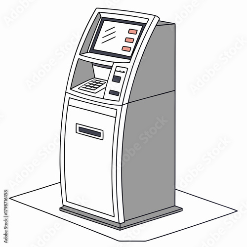 Illustration of an atm machine isolated on the atm has a screen, a keypad, and a slot for inserting and withdrawing cash and cards