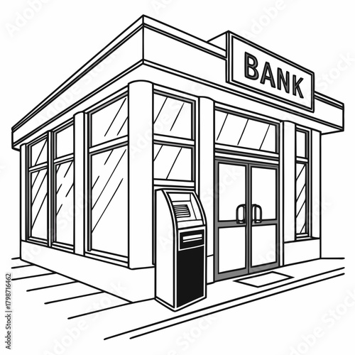 A line drawing of a bank building with an atm, showcasing a simple and modern architectural design, isolated on the illustration captures the essence of financial services