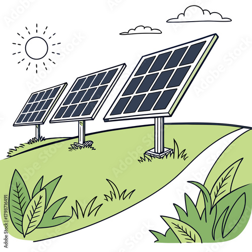 Illustration of solar panels on a green hill, isolated on they are used to generate electricity from sunlight, a renewable energy source