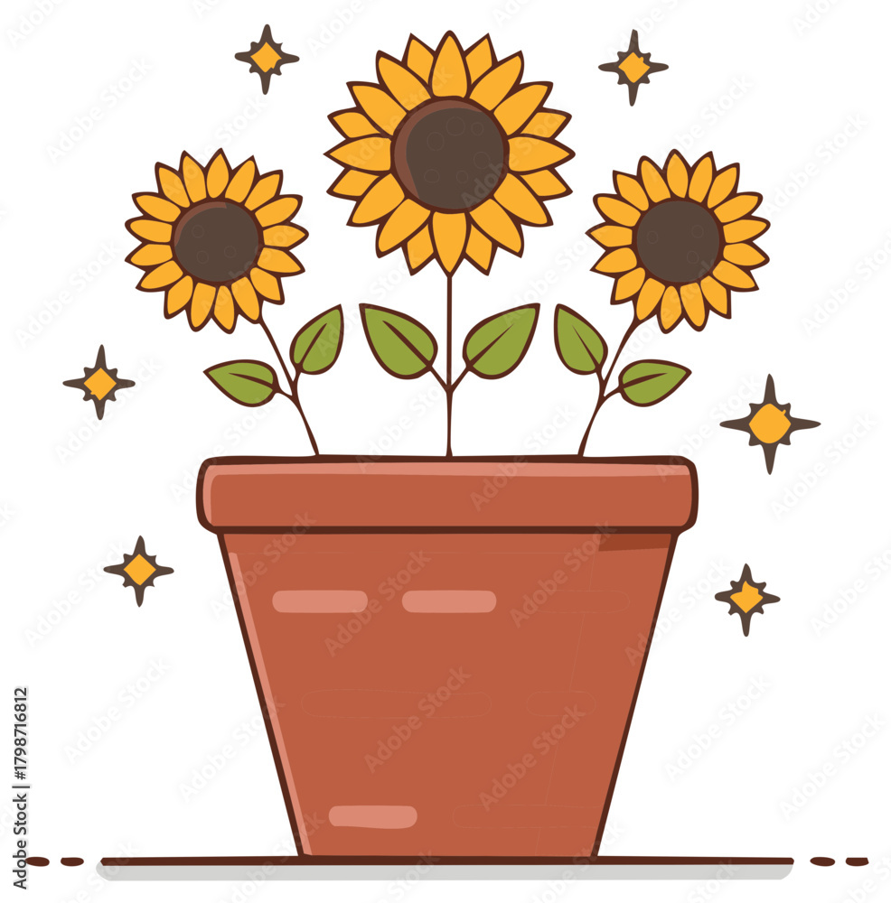 Obraz premium Cartoon Sunflowers in Pot with Stars Around Cute Potted Plants with Green Leaves