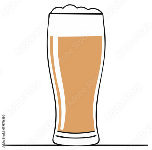 Outline Beer Glass Filled with Light Beer and Foam Isolated on White