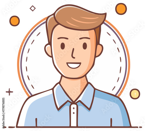 Friendly Cartoon Man Character Smiling Confidently Inside a Decorative Circle