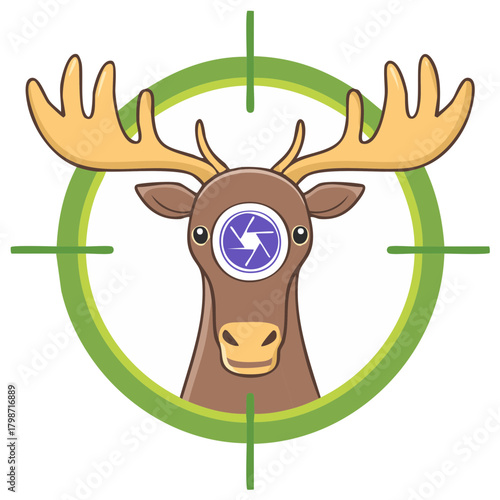 Wildlife photography logo concept with cartoon moose head and camera shutter in a target scope