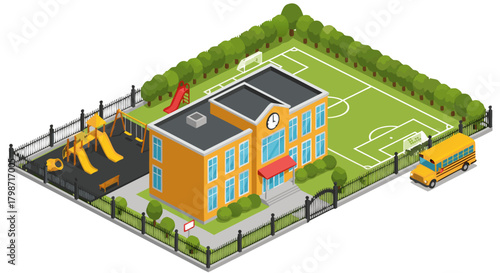 Isometric vector graphic of a complete school complex with a main building, playground, soccer field, and a yellow bus parked outside the fence d