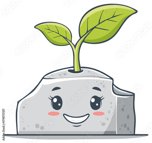 Cute cartoon stone with a happy sprout growing out of it