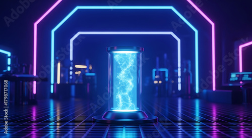 Futuristic laboratory with glowing energy capsule and neon lights	