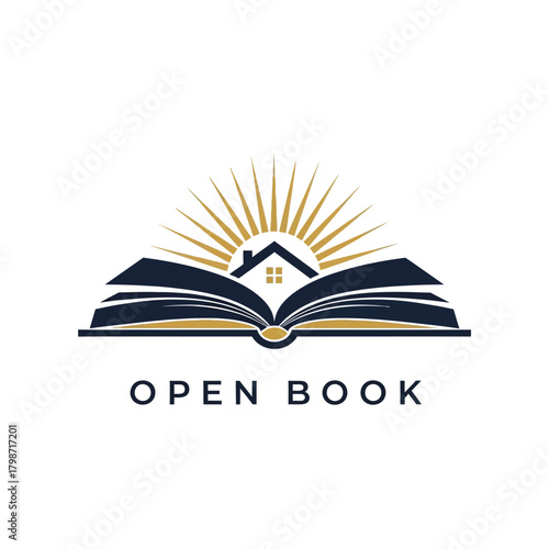 Open book logo with a house and sunburst design icon.