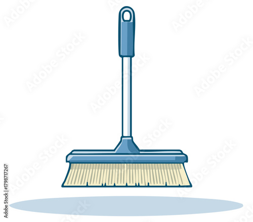 Cartoon illustration of a blue push broom, a household cleaning tool for sweeping floors