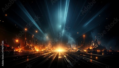 A futuristic cityscape glows with intense light. Buildings are silhouetted against a brilliant sky. Beams emanate