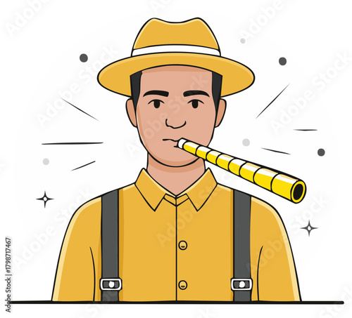 Festive man in fedora and suspenders joyfully blowing a yellow party noisemaker