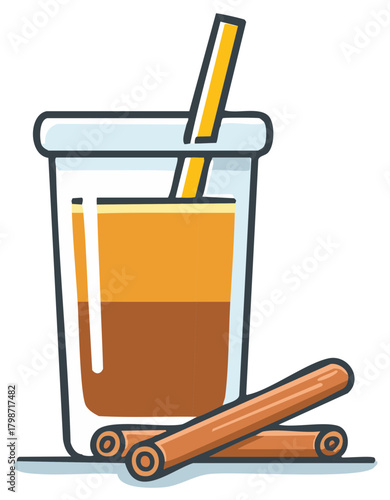 Layered beverage in glass with straw and cinnamon sticks, vector illustration