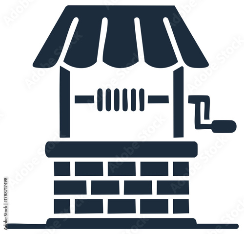 Stylized depiction of a brick well with a crank and roof