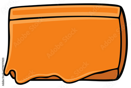 Orange rectangle with melted cheese or caramel dripping over the edge