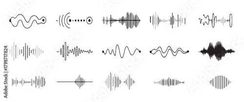 Dynamic Audio Wave forms Collection Various Sound Signals and Visuals for Music, Visualizing Audio Frequencies and Voice Notes in Minimalist Line Art.