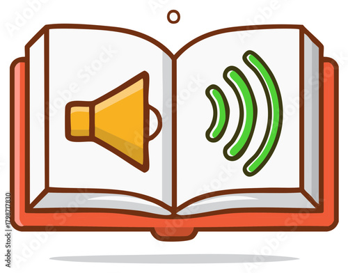 Audiobook icon with an open book speaker and sound waves cartoon illustration